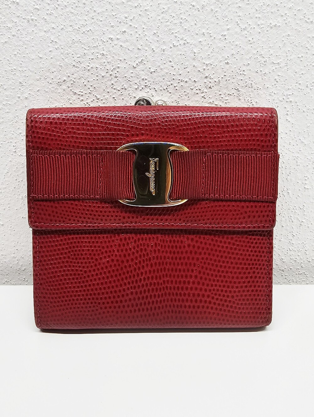 Salvatore Ferragamo Vara Bow Red Lizaed Embossed Wallet With COA